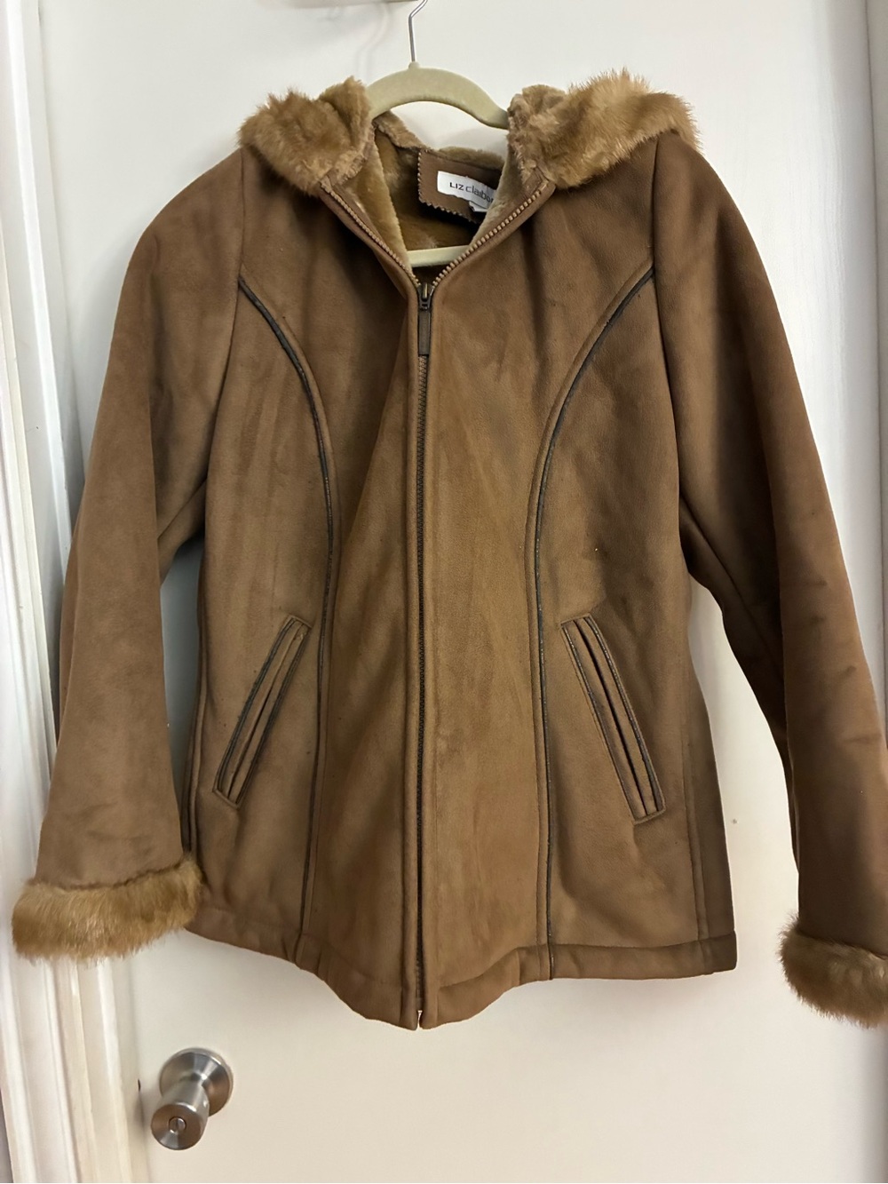 Liz Claiborne Brown Faux-Suede Hooded Coat with Faux-Fur Trim